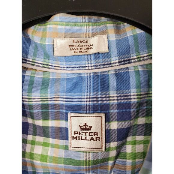 Peter Millar Crown Sport LS Button Down Shirt Men L Plaid Blue Green White Multi - Picture 2 of 11
